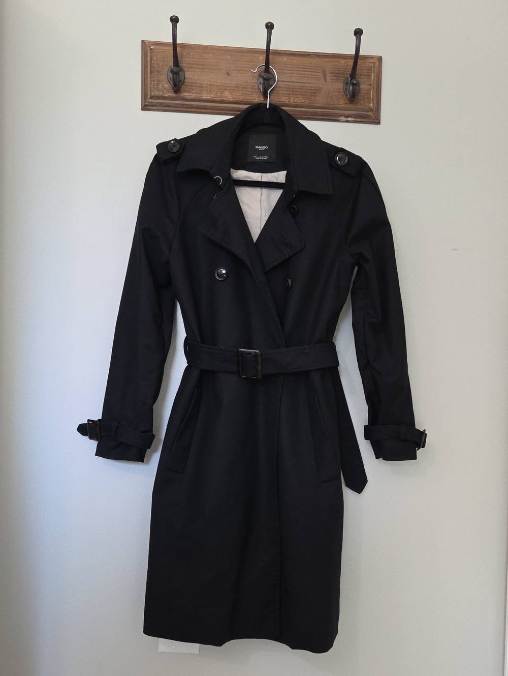 Mango Double Breasted Belted Black Trench Coat Medium EUC